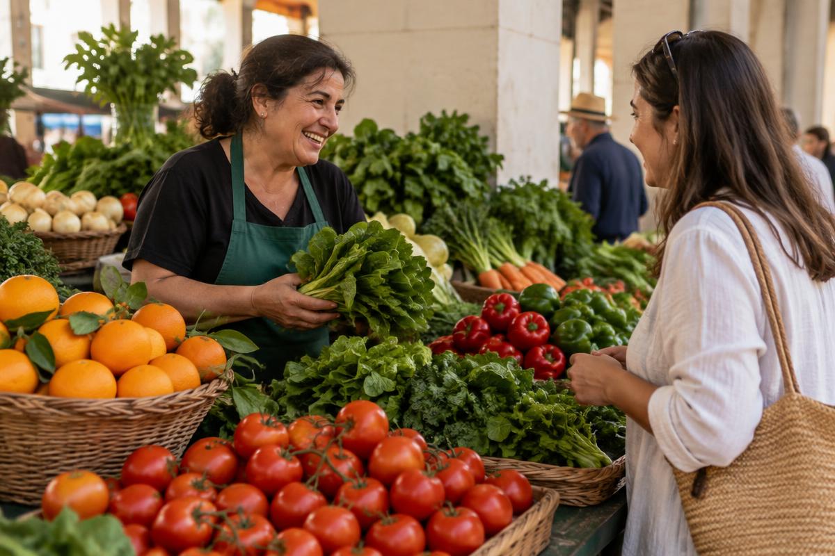 Vendor and customer at a Lisbon fruit and vegetable market