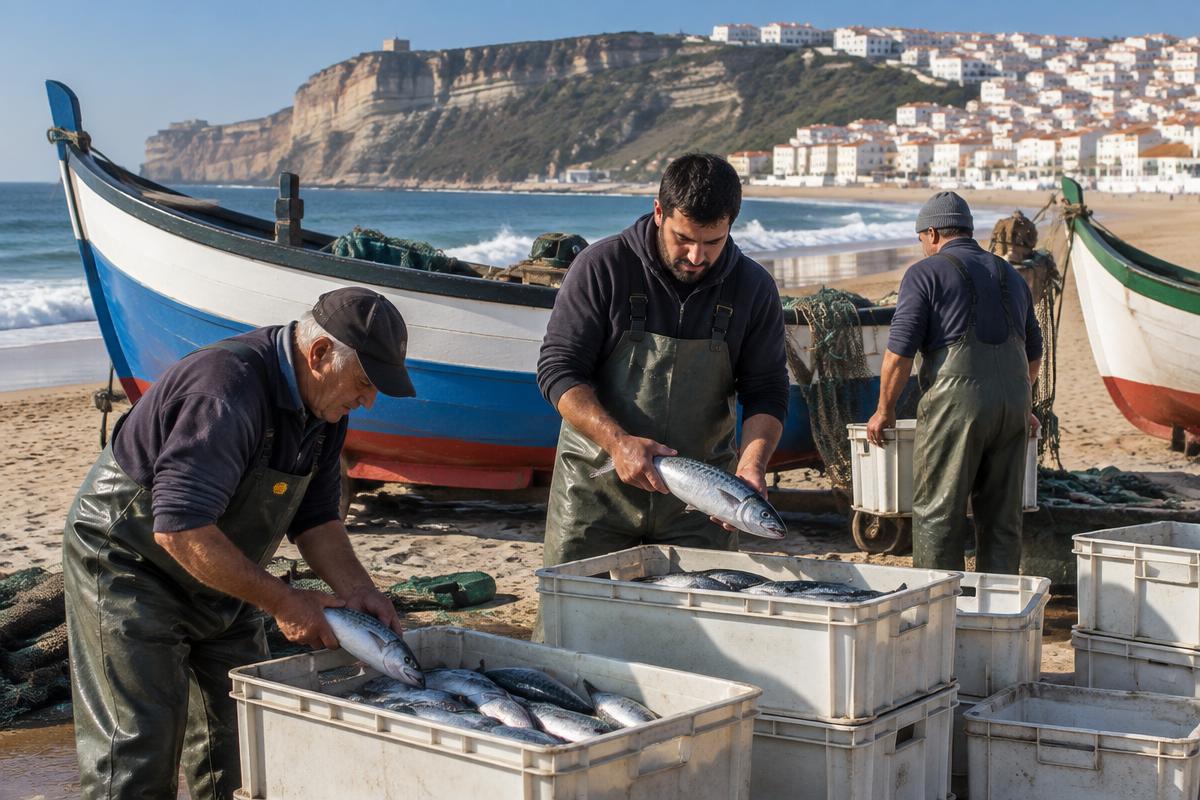 Fishermen with crates of fish on the beach in Nazaré